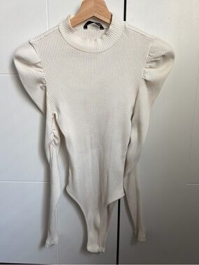 SHEIN Cream Ribbed Puff-Sleeve Mock Neck Bodysuit